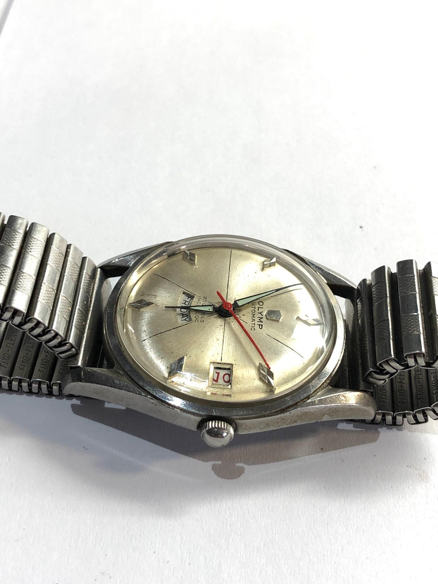 Vintage Olymp gents automatic wristwatch day date dial red centre second hand 25 jewel ticks but - Image 2 of 3