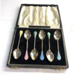 Boxed set of 6 silver and enamel tea spoons