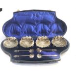 Boxed silver set of 4 clam shell shaped salt bowls in original fitted Case with spoons Birmingham