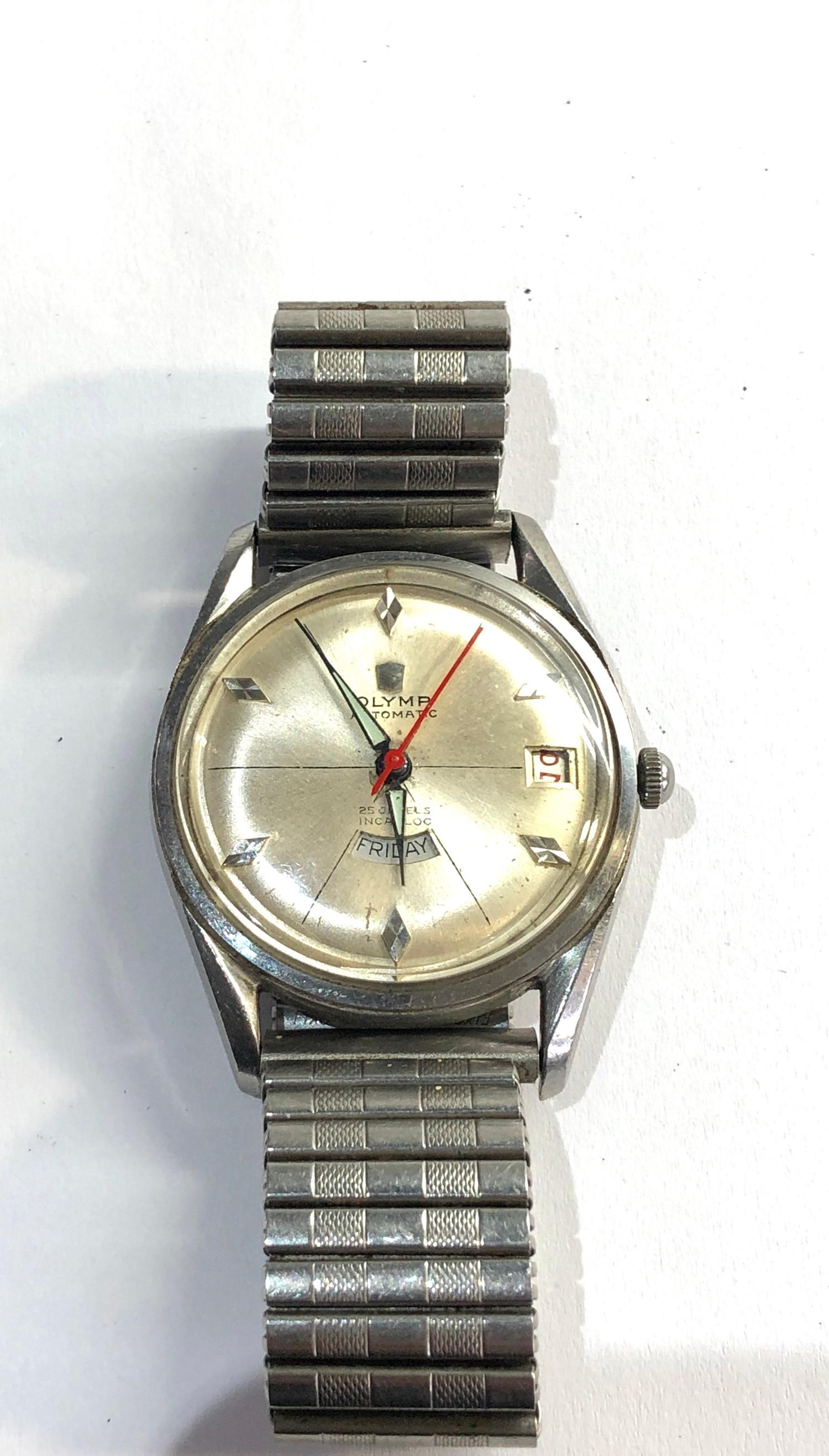 Vintage Olymp gents automatic wristwatch day date dial red centre second hand 25 jewel ticks but