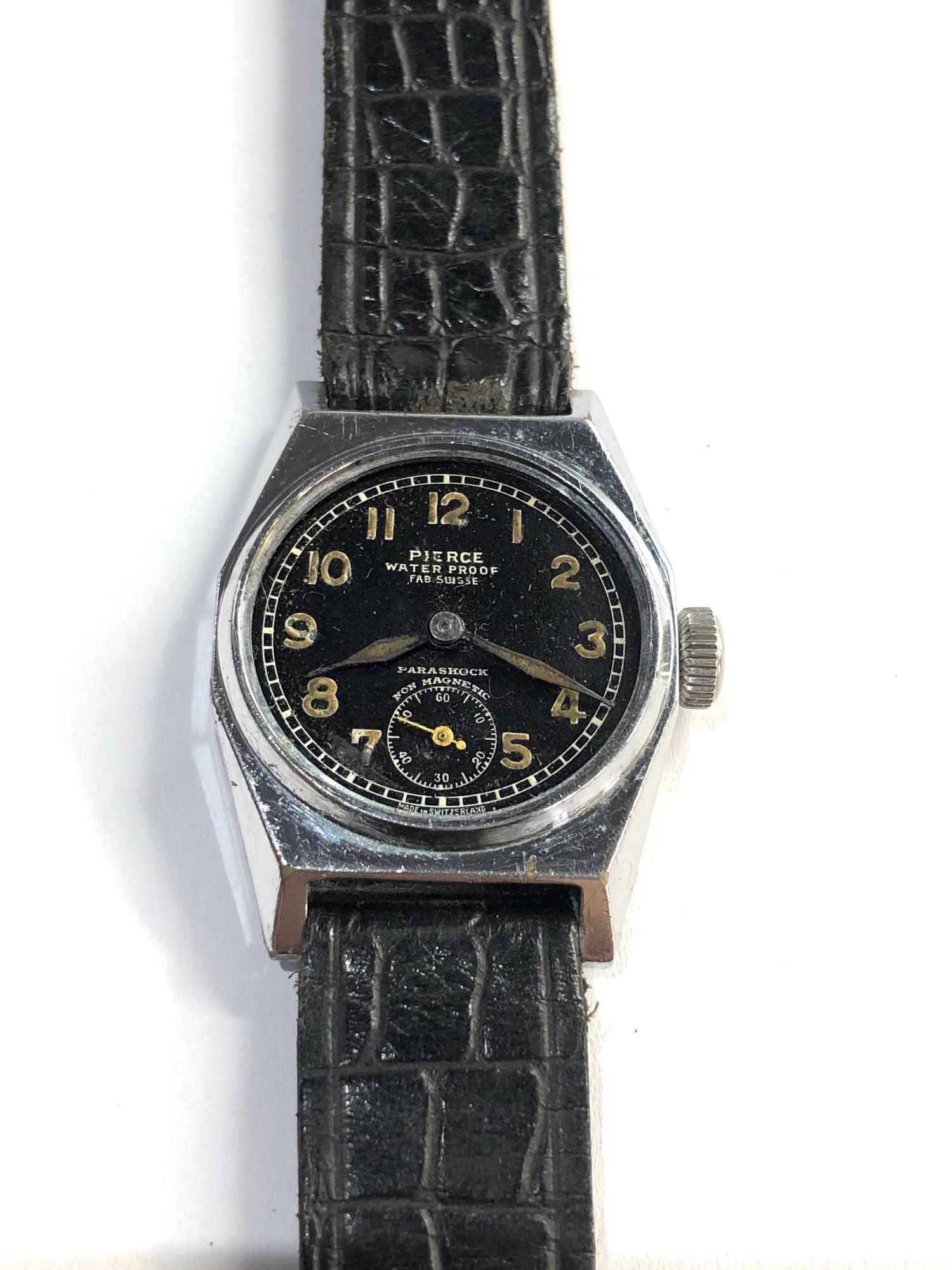 Vintage pierce military style black dial wristwatch stailless steel case No51096 the watch wins