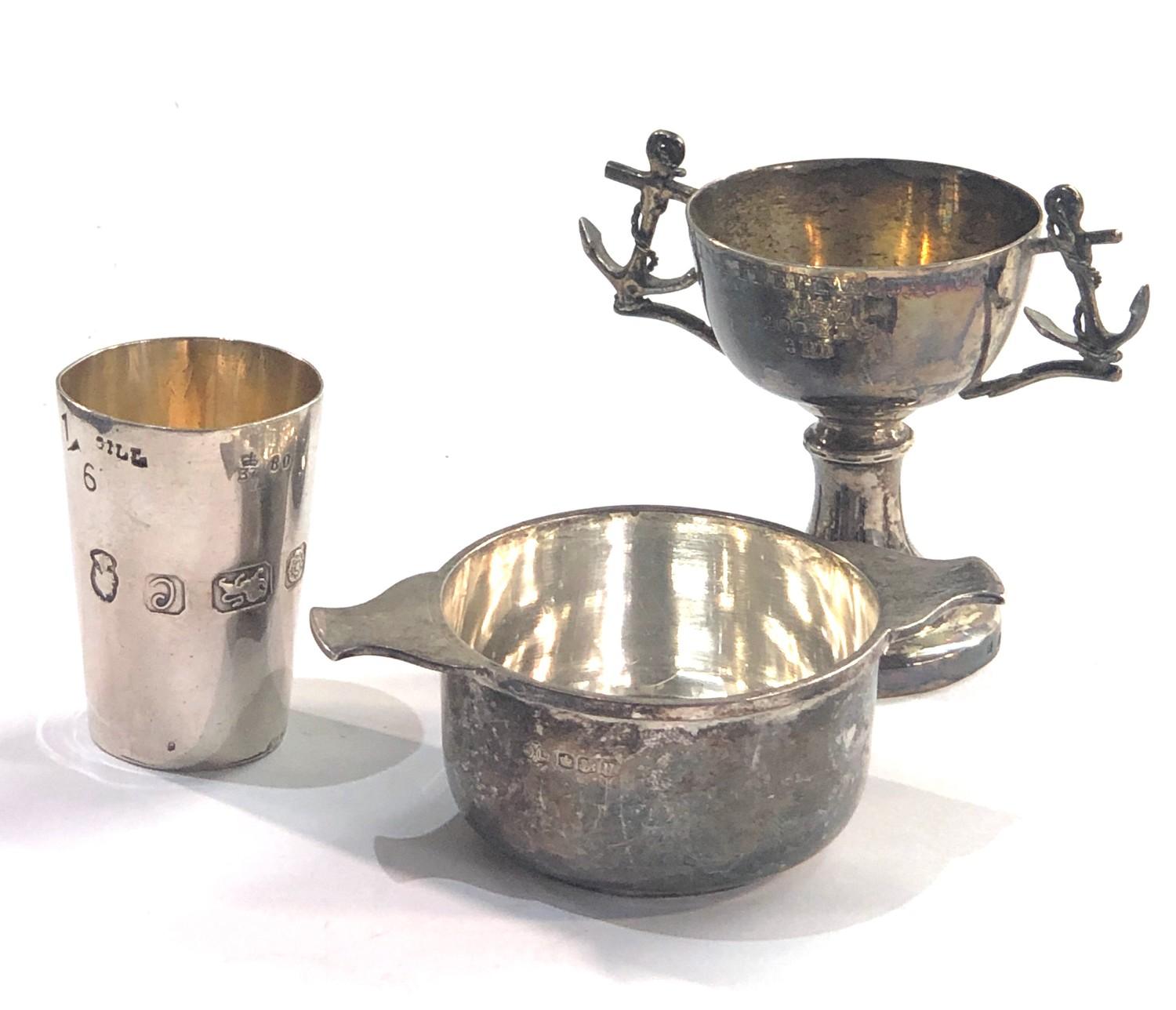 Silver items includes small wine taster bowl small trophy spirit measure - Image 3 of 3