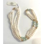 Chinese 14ct gold Jade and fresh water pearl necklace measures approx 62cm long