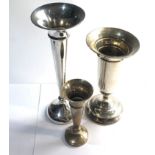3 Silver trumpet vases largest measures approx 20cm tall