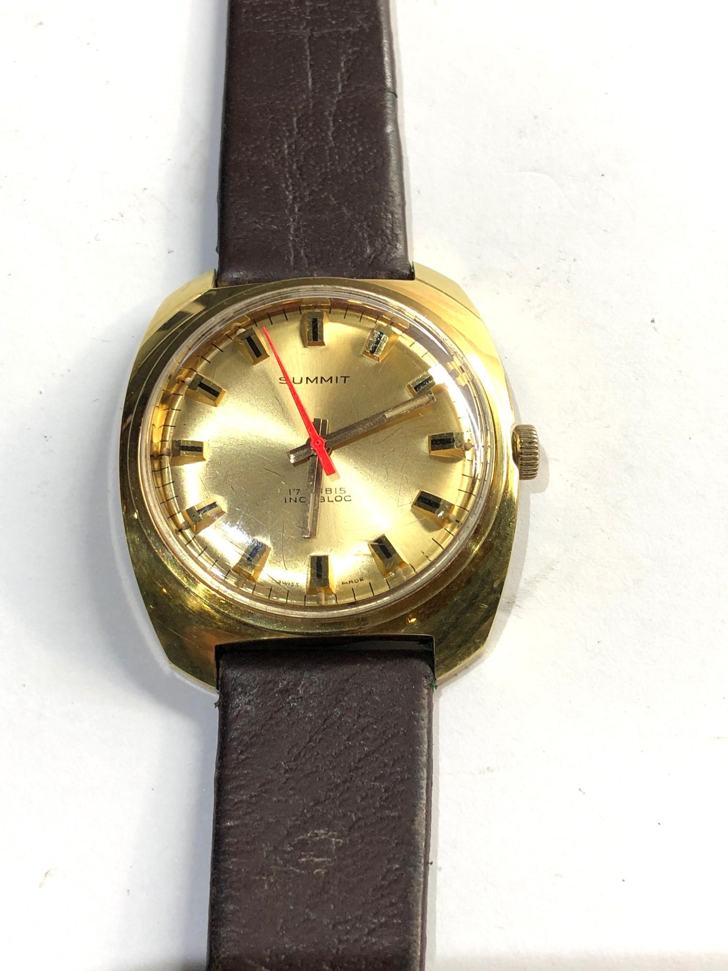 Vintage Gents Gold Plated Summit 17 jewel red second hand wristwatch winds and ticks good overall
