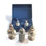 Selection of silver salts /peppers includes small boxed salt and pepper