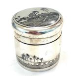 Niello silver lidded box measures approx 4.6cm dia height 5cm