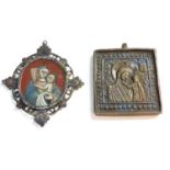 17th century Spanish reverse glass painted silver framed icon and another enamelled Russian one