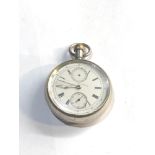 Antique chrono micrometer silver pocket watch fully wound will tick but stops and no warranty