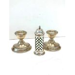 Pair of silver squat candlesticks and silver salt