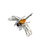 Silver and amber dragon fly brooch