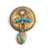 victorian high carat gold Etruscan locket brooch set with turquoise and pear xray tested as 15ct