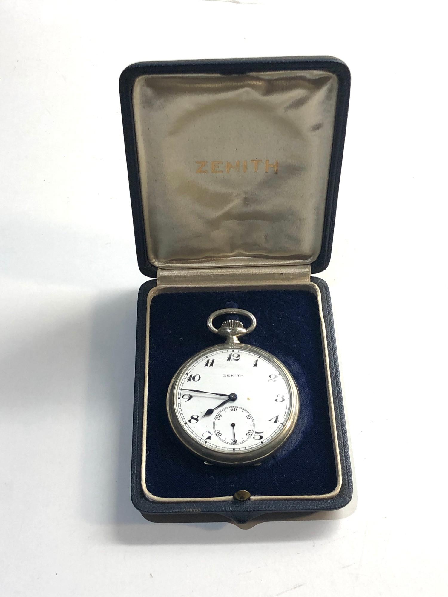 original boxed Zenith pocket watch winds and ticks but no warranty given