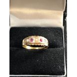 15ct gold ruby and seed pearl ring size approx m/n weight approx 2.1g, Good overall condition, no