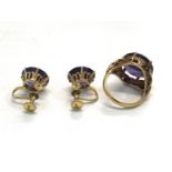 14ct Gold Synth alexandrite earrings and ring, total weight 14.3g, ring size approx o