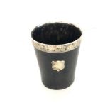 Small silver rimmed horn beaker, Birmingham silver hallmarks, makers C.C, measures approximately 5.5