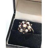 9ct gold garnet & seed pearl cluster ring, Good overall condition, no stones missing, ring size Q