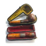 2 antique amber and silver rim pipe and cheroot holder boxed, full Birmingham silver hallmarks to