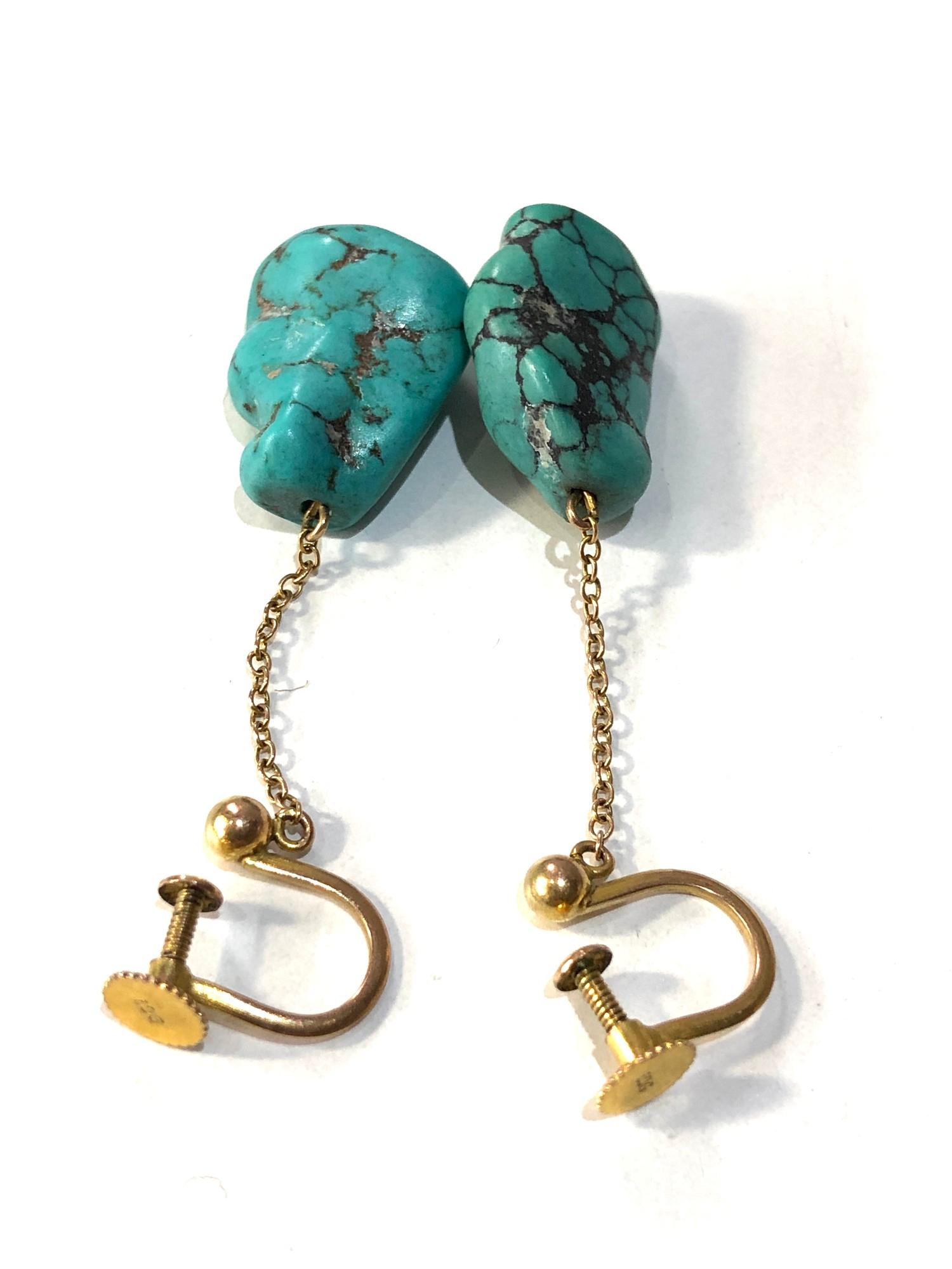 Vintage 9ct Gold and Matrix Turquoise drop earrings measure approx 4cm drop in good condition - Image 3 of 3