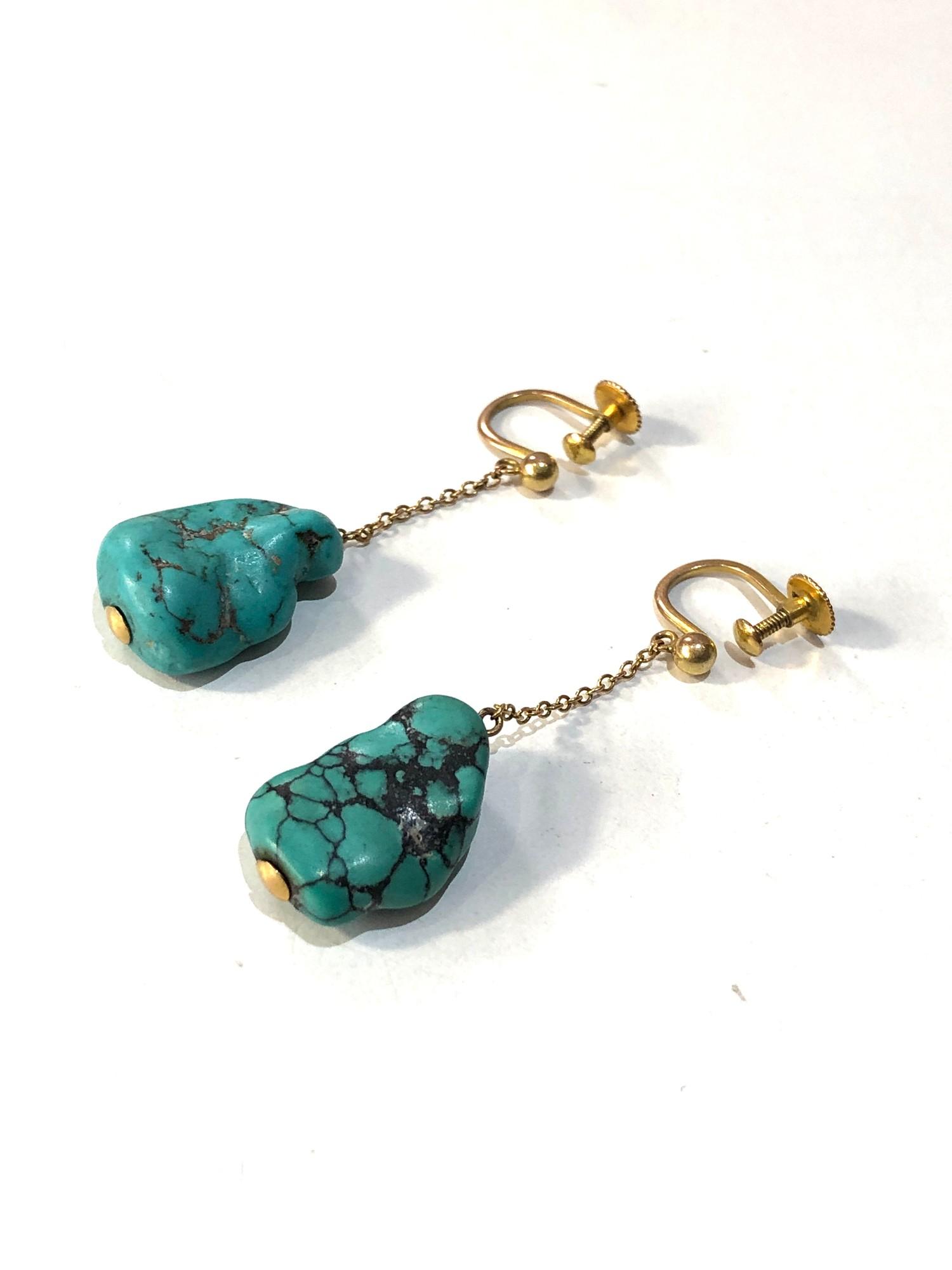 Vintage 9ct Gold and Matrix Turquoise drop earrings measure approx 4cm drop in good condition