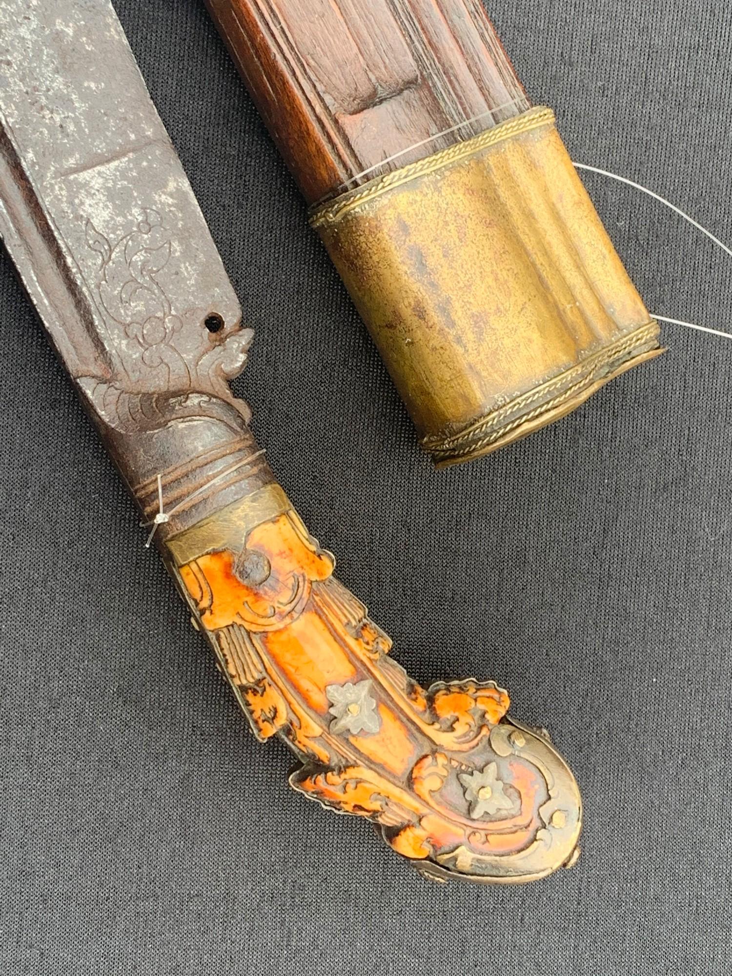 18th century Pia Ketta Ceylon dagger knife steel blade with wooden scabbard metal fittings and ivory - Bild 4 aus 5