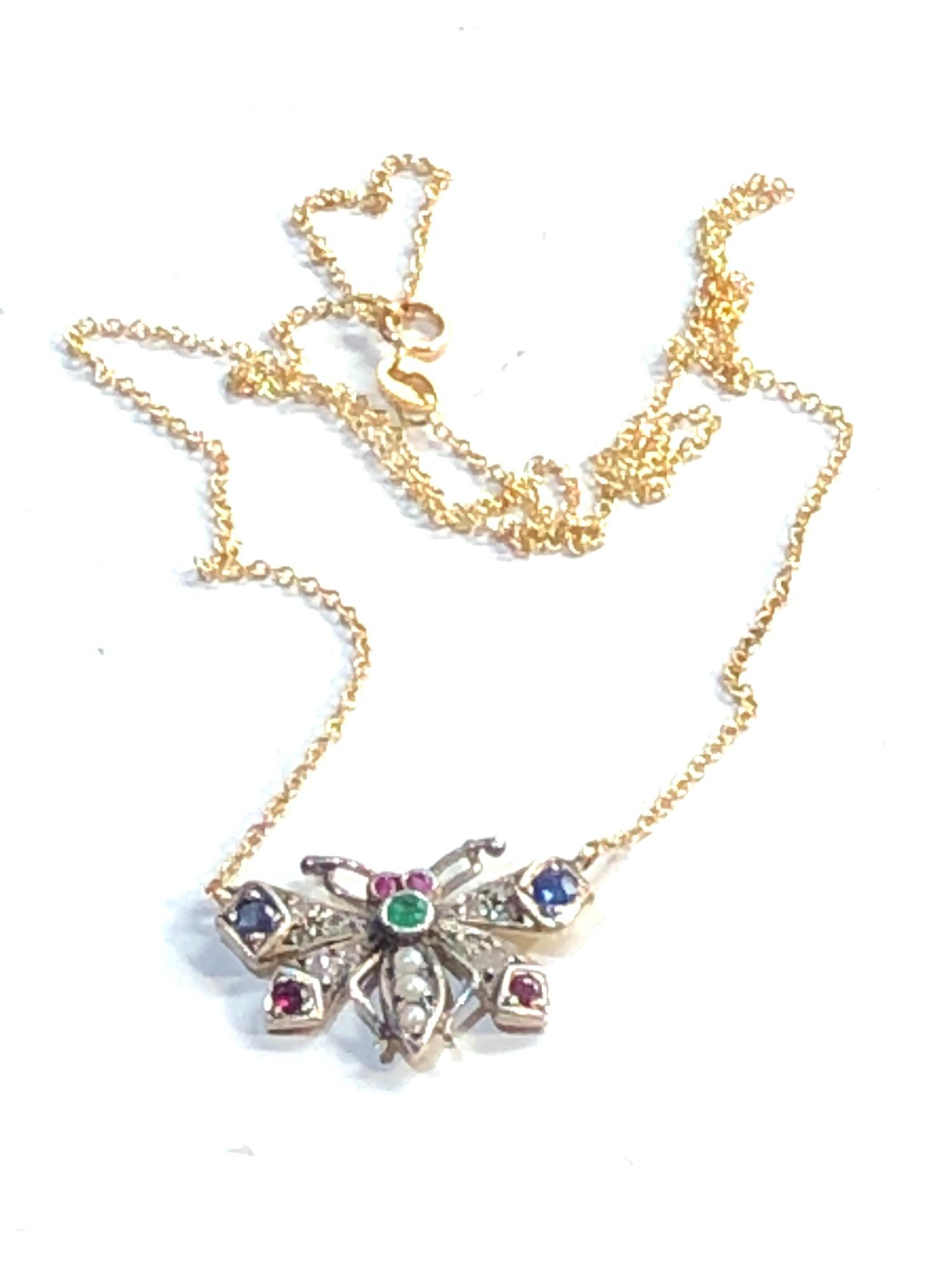 Rose diamond sapphire and gem set butterfly pendant on chain set in silver and gold measures - Image 4 of 4