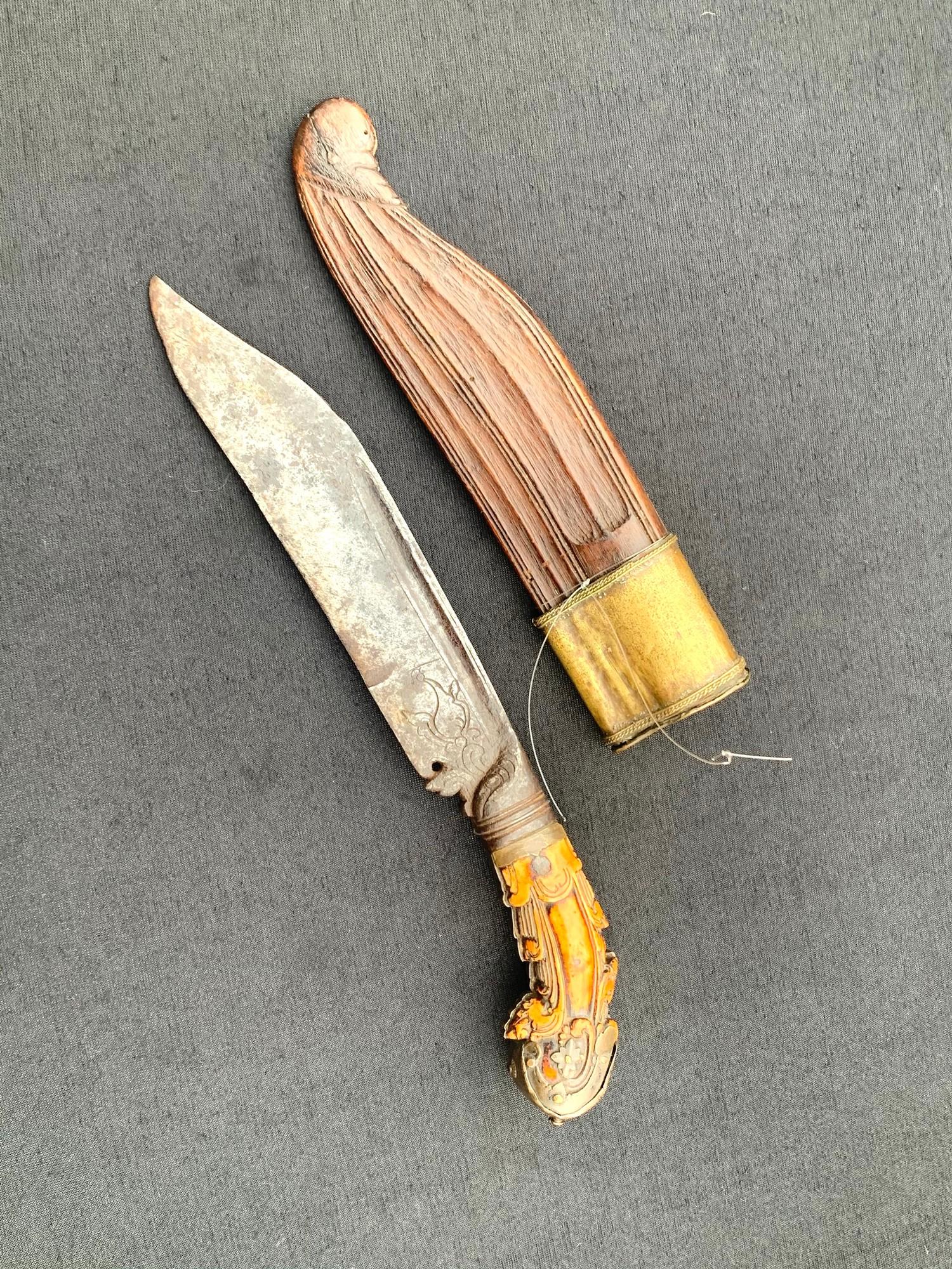 18th century Pia Ketta Ceylon dagger knife steel blade with wooden scabbard metal fittings and ivory - Bild 3 aus 5