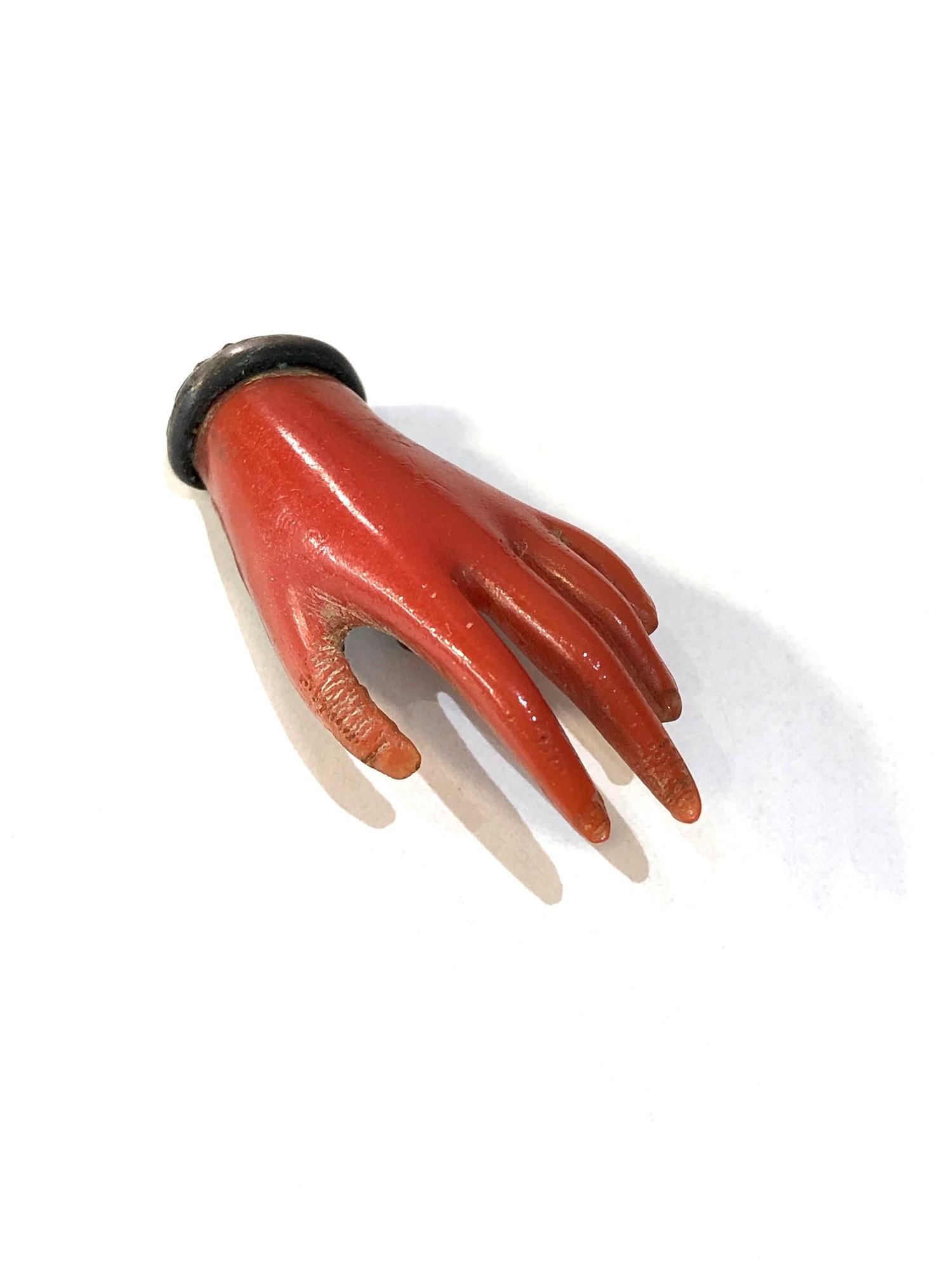 Vintage large coral hand brooch age related marks scratches and wear to hand missing pin back in