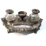 Large Victorian silver ink stand with 2 silver top ink bottles engraved to front measures approx