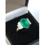 Fine large columbian Emerald and diamond ring set in 18ct white gold emerald measures approx 13mm by