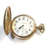 Antique Illinois watch Co gold plated full hunter pocket watch winds and ticks but no warranty given