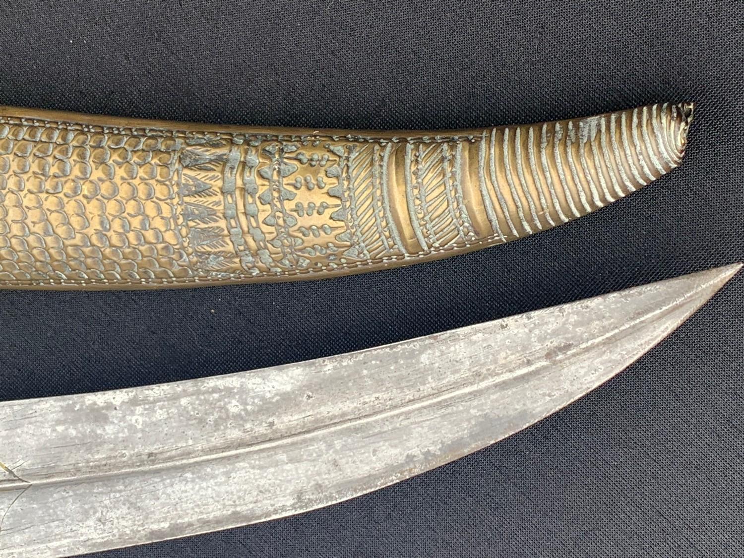 Large 19th Albanian knife dagger walrus ivory handle the blade with naive script in a brass - Bild 4 aus 5