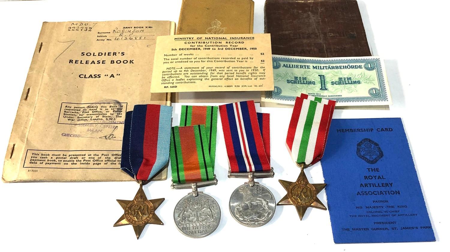 ww2 medals and paperwork to gunner robinson royal artillary