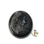 Large victorian jet cameo brooch measures approx 5.9cm by 4.9cm in good condition