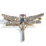 Fine diamond and jewel set dragonfly brooch wings and body set with rose diamonds with central