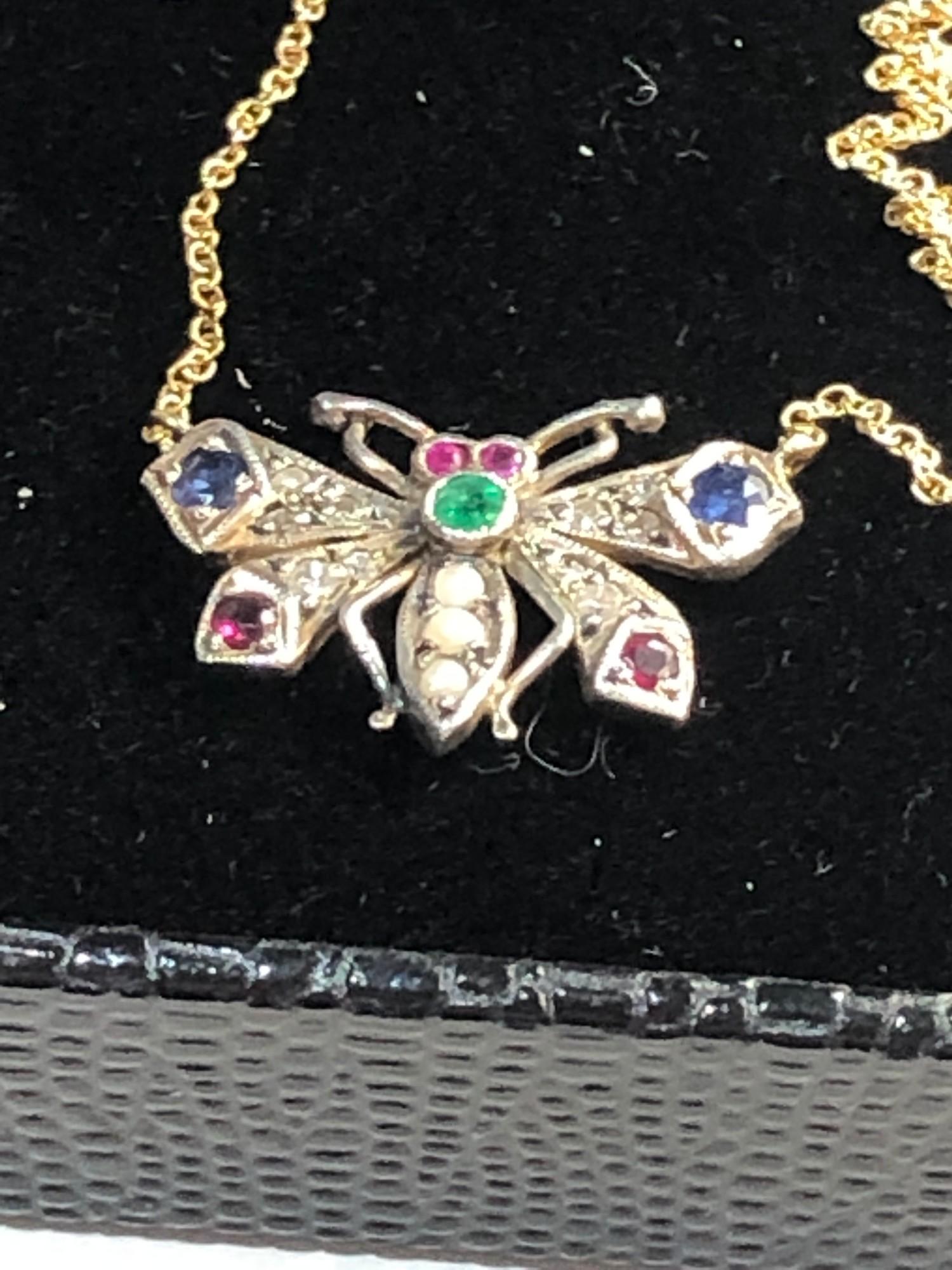 Rose diamond sapphire and gem set butterfly pendant on chain set in silver and gold measures - Image 2 of 4