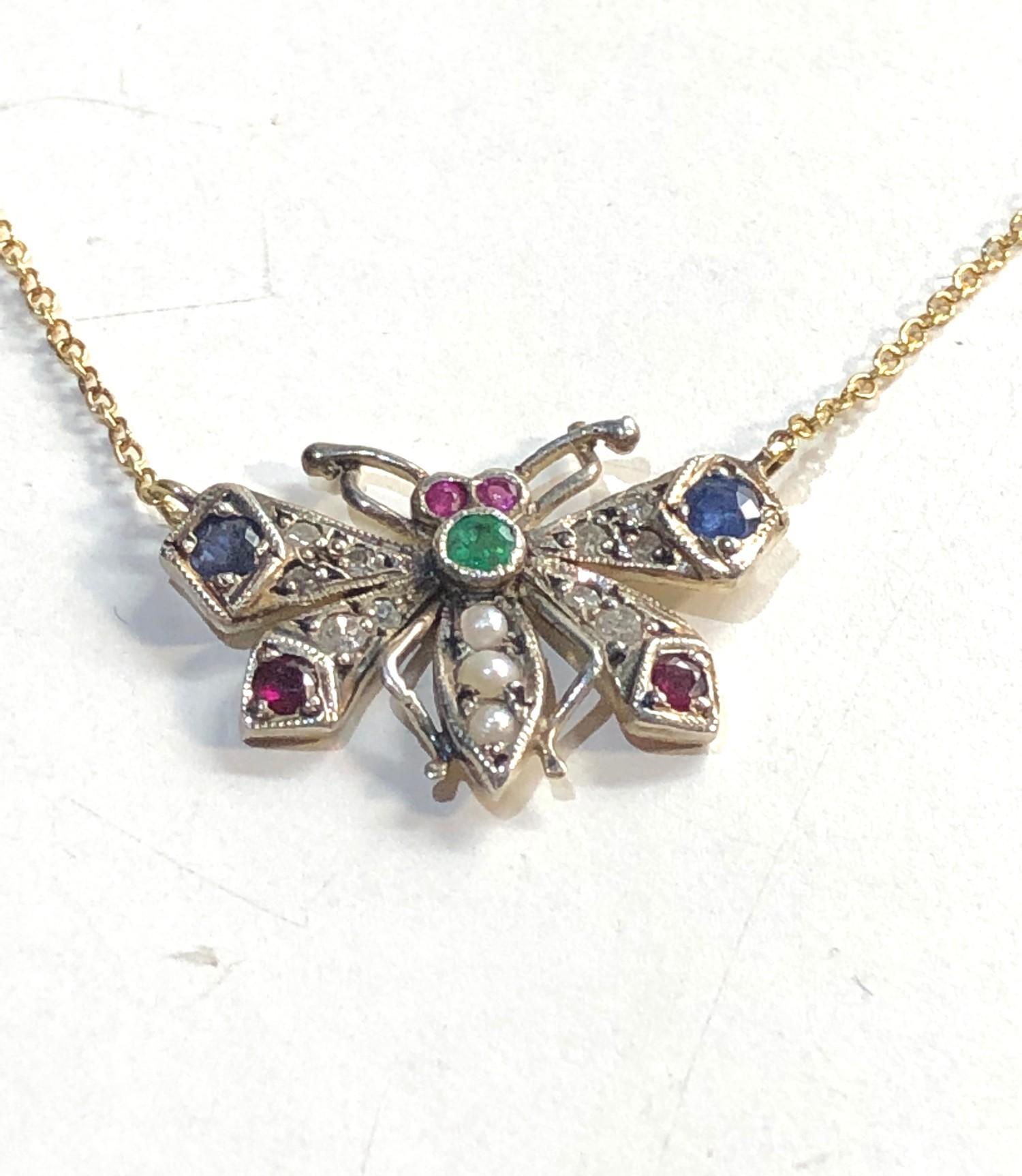 Rose diamond sapphire and gem set butterfly pendant on chain set in silver and gold measures - Image 3 of 4