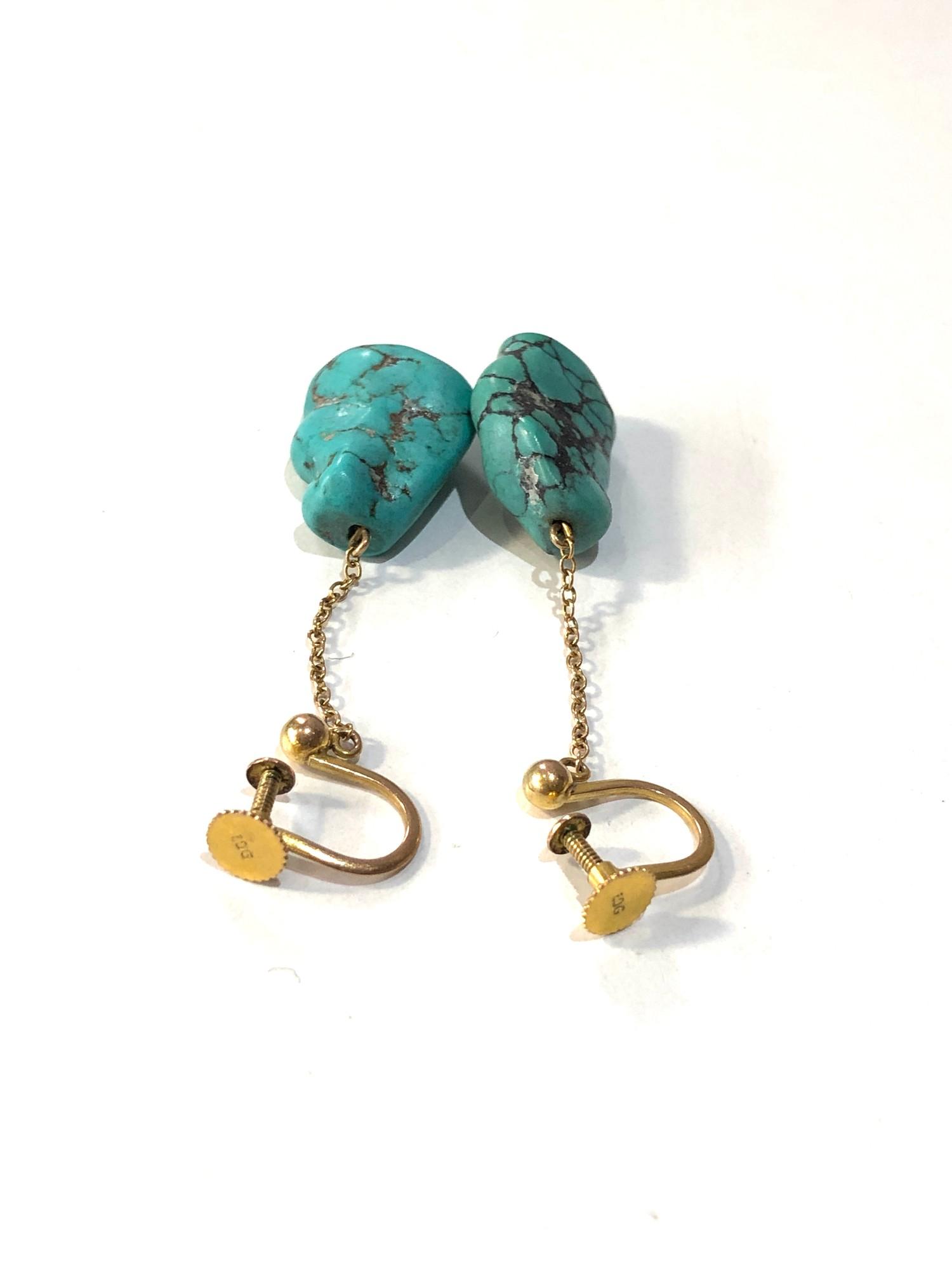 Vintage 9ct Gold and Matrix Turquoise drop earrings measure approx 4cm drop in good condition - Image 2 of 3