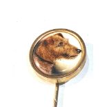 signed gold and hand painted porcelain panel dog pin signed on back round panel measures approx 2.