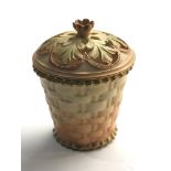 Royal Worcester blush ivory lidded basket weave pot good condition measures approx 11.5cm by 9cm dia