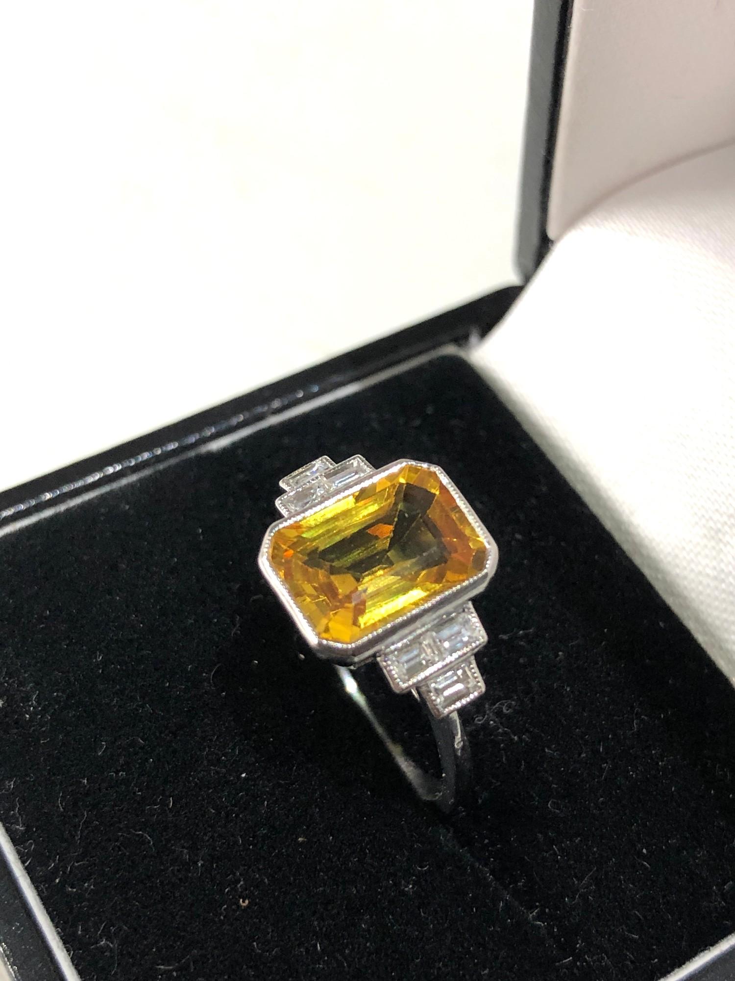 Fine platinum diamond and yellow sapphire ring central yellow sapphire measures approx 11mm by 7mm - Image 2 of 4