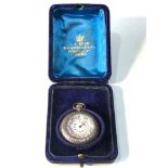 Boxed Victorian ornate silver open face fob watch does tick but no warranty is given overall good