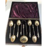 Antique boxed set of apostle tae spoons sugar tongues and shifter spoon Birmingham silver hallmarks
