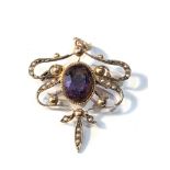 9ct gold ornate seed-pearl & amethyst weight 4.5g measures approx drop 4.5cm by 3.2cm