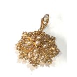 Antique 15ct gold & seed-pearl pendant brooch measures approx 3.5cm drop by 2.7cm wide weight 6.5g