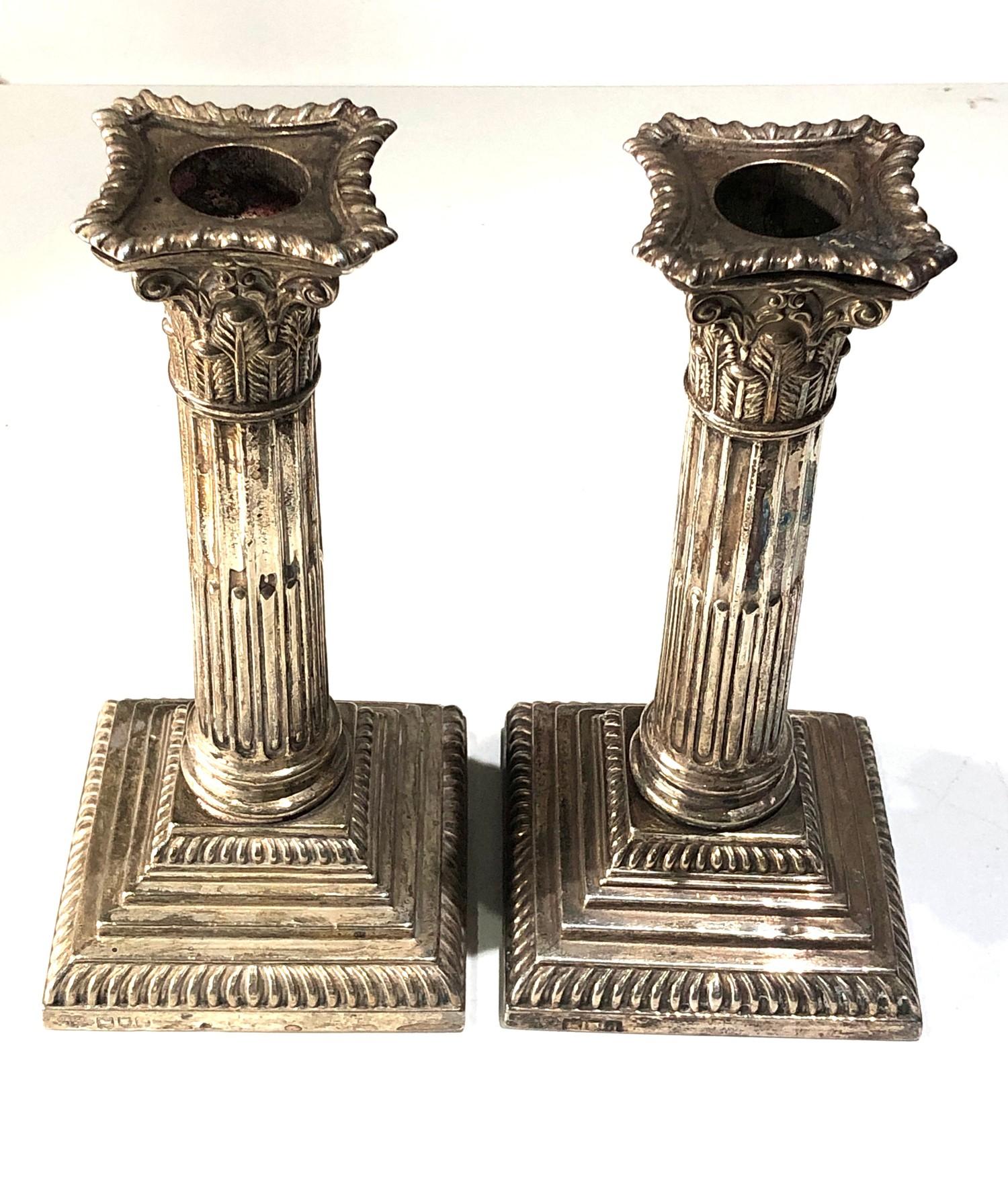 Pair antique silver corinthian column candlesticks london silver hallmarks measure height 18cm - Image 2 of 3