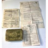 ww1 christmas tin and paperwork relating to 1608 corporal bradbury royal fusileers