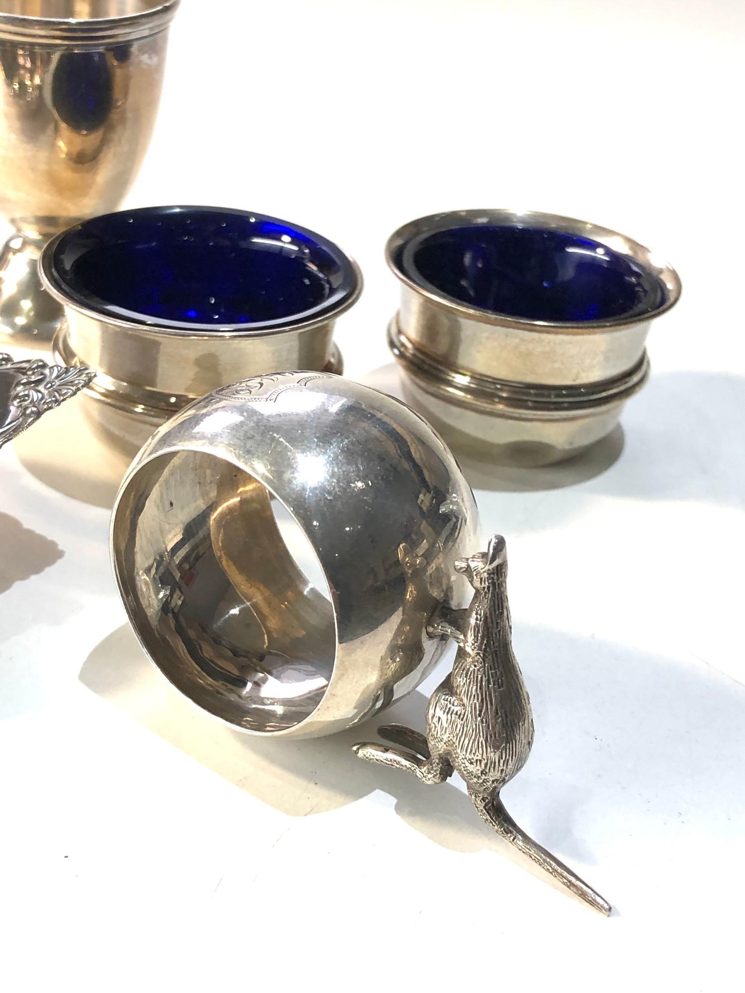 Selection of silver items included pair silver salts egg cup small sweet dish and kangaroo napkin - Image 2 of 3