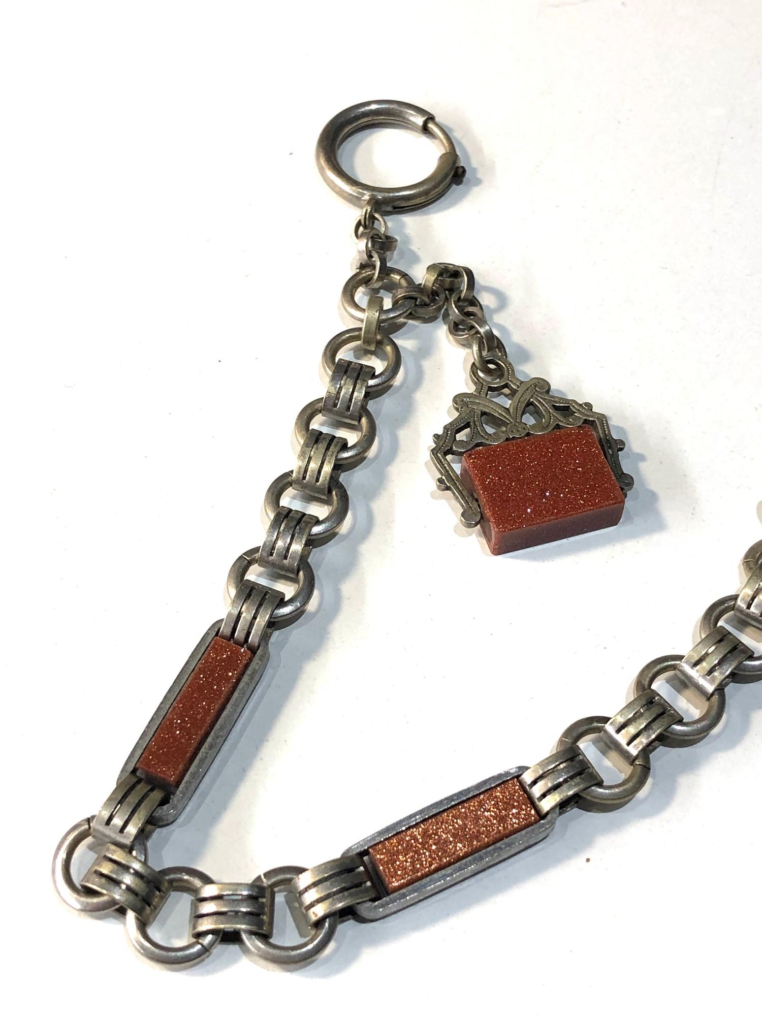Antique stone set watch chain and fob white metal - Image 2 of 2