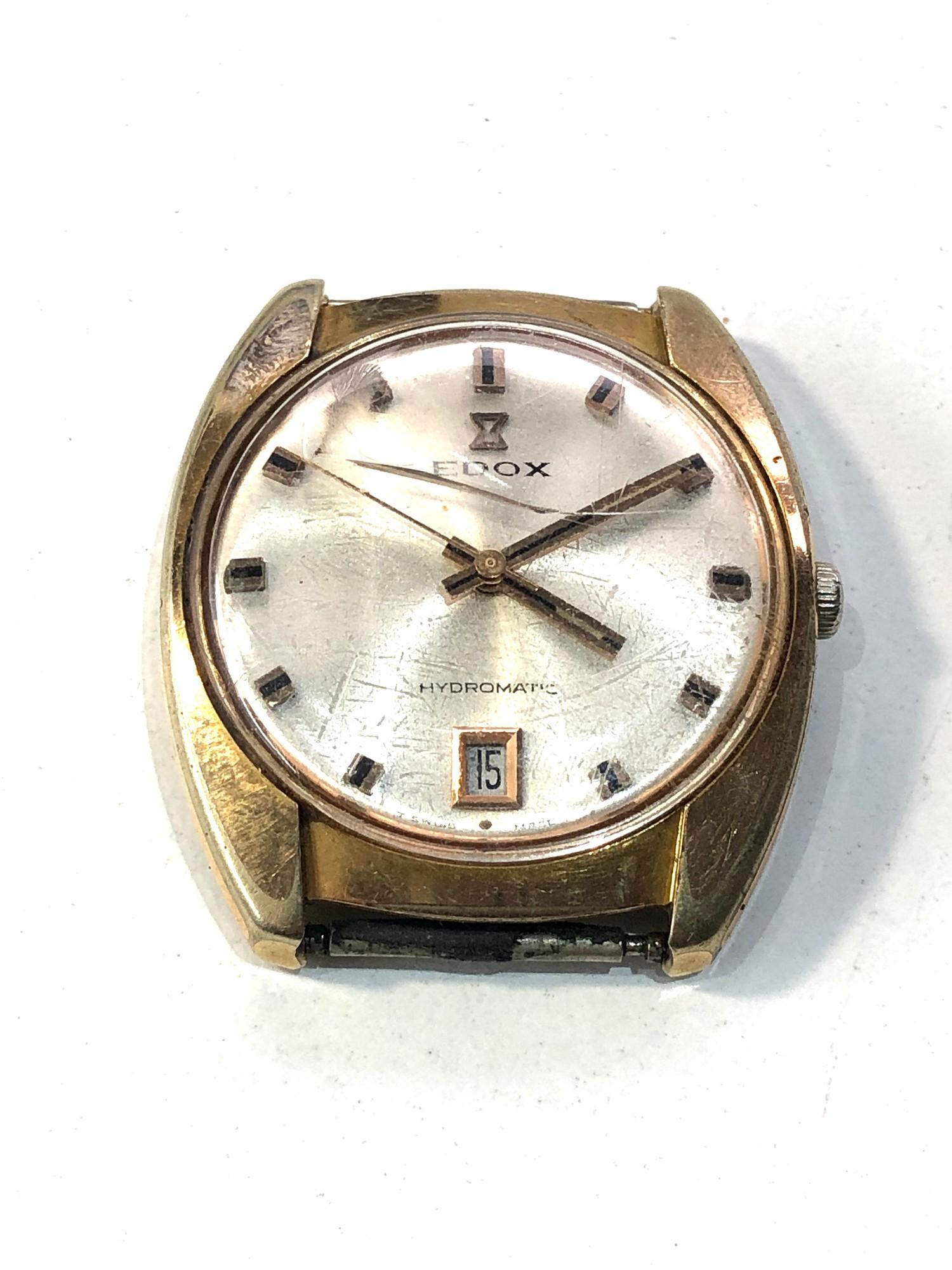 Vintage gents wristwatch Edox Hydromatic parts spares or repair cae measures approx 38mm by 34mm